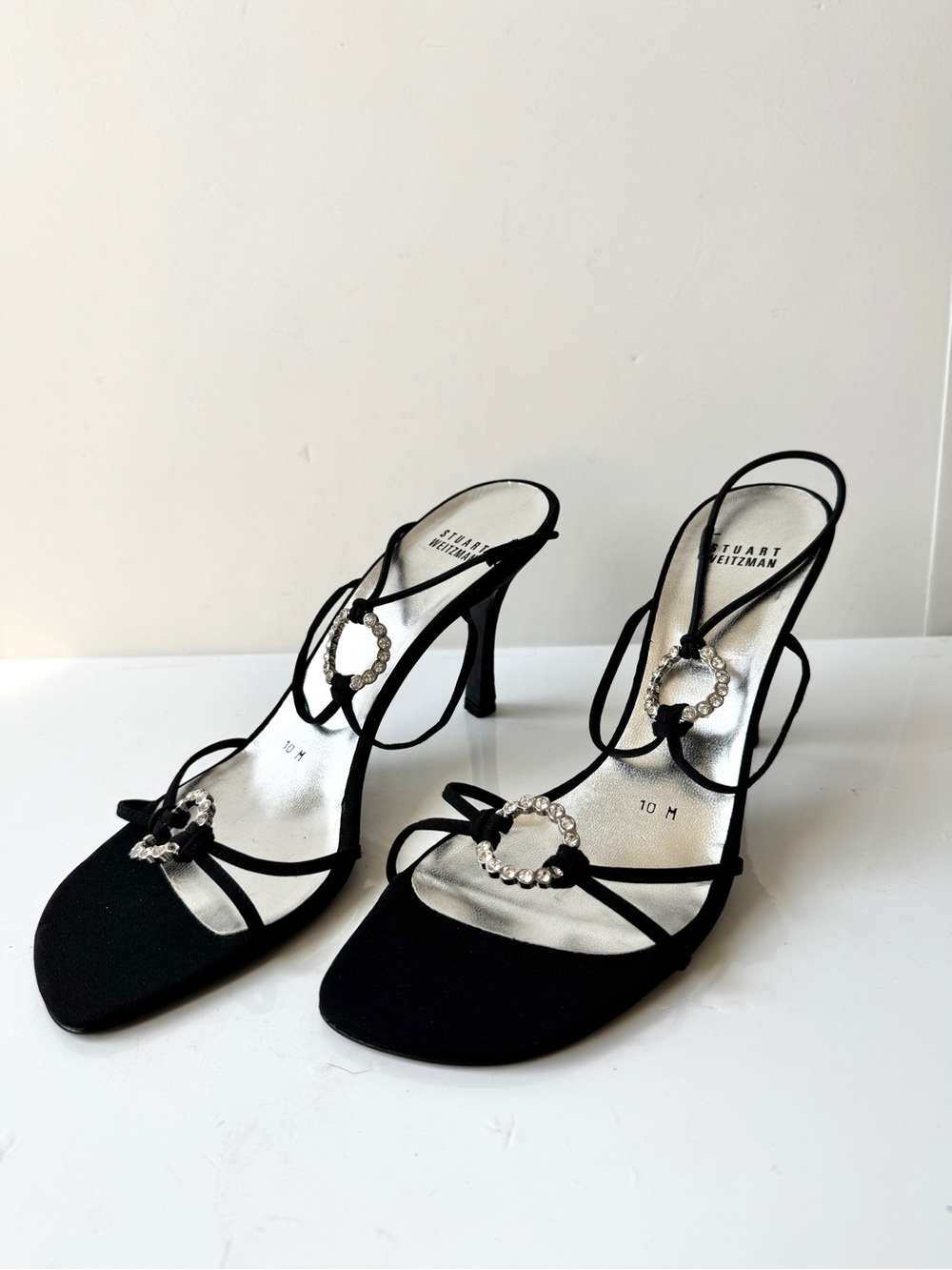 Stuart Weitzman Vintage Black Strappy Crystal O-Ring Stiletto Heeled Sandals 10